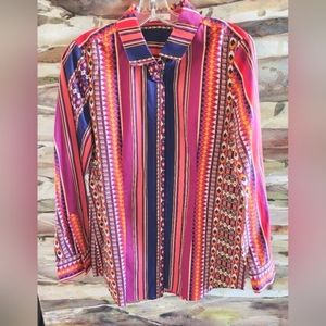 TYLER BOE Bold Striking Eclectic Striped Button Up L/S Shirt Bright Blouse NWOT